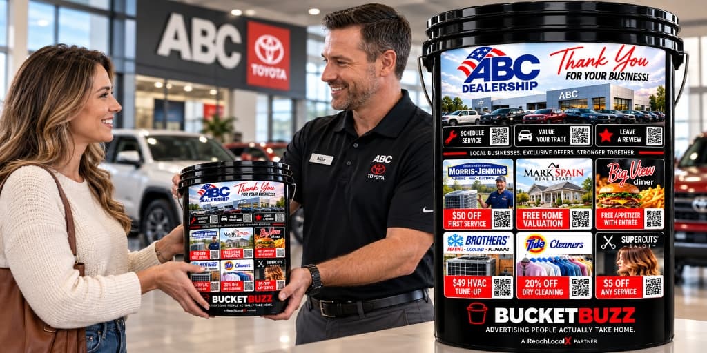 BucketBuzz 5-gallon black utility bucket at auto dealership